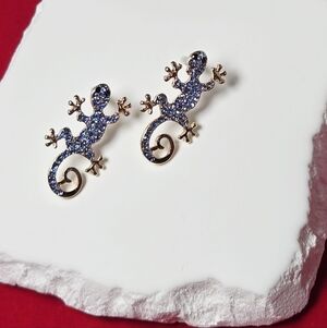 Rhinestone Gecko Lizard Earrings Gold Blue Crystal Desert Animal Statement Studs
